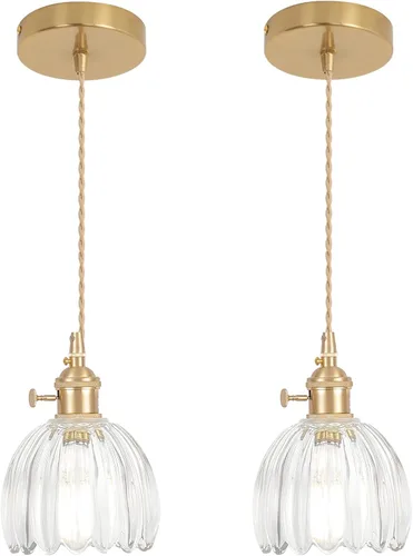 Miniatura 40 de Shenmoyl Lámpara colgante con pantalla de vidrio transparente a rayas, luz colgante vintage de latón, luz colgante ajustable para cocina, isla