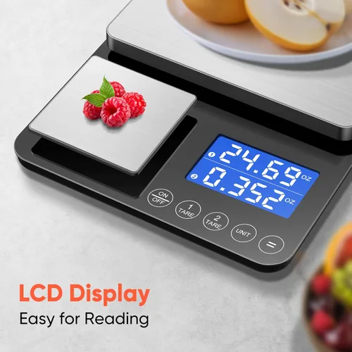 Miniatura 6 de KUAIVO Báscula de cocina de doble plataforma de 0.001 onzas / 33 libras, báscula digital de alimentos con dos superficies de precisión, pantalla