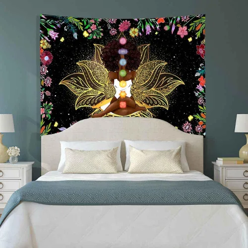 Miniatura 6 de Ine Ive Tapiz de chakra africano, mujer afroamericana, tapices de meditación zen, 40 x 30 pulgadas, cielo estrellado, flores, jardín, inspirador