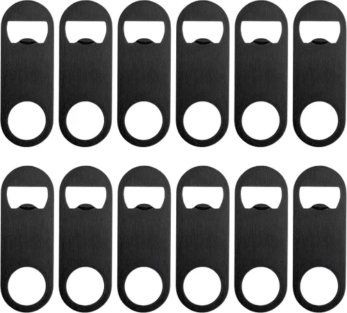 12 abridores de botellas planos de 3.5 x 1.18 pulgadas, abridor de botellas de cerveza de acero inoxidable negro, hoja de barra resistente, abridor
