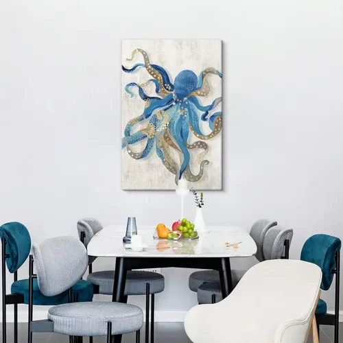 Miniatura 7 de Arte de Lienzo de Pulpo para Pared Pintura Temática de Vida Oceánica Imagen de Animal Marino Azul y Dorado Obra de Arte Costera Imagen de Pulpo