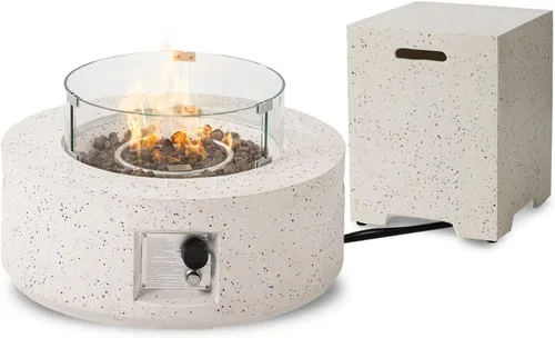 Miniatura 7 de SUNBURY Mesa redonda para fogata de propano de 28 pulgadas, mesa redonda con tanque de 40.000 BTU, mesa de gas blanca manchada para patio