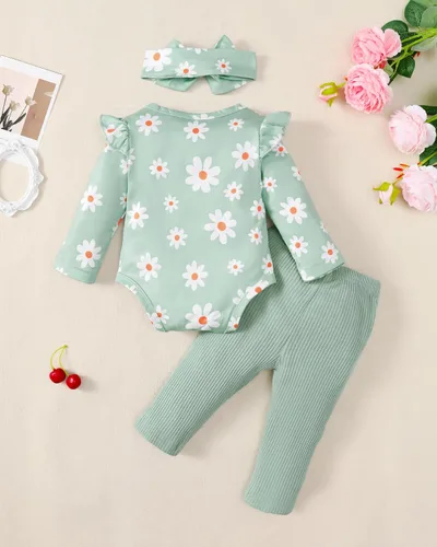 Miniatura 118 de Renotemy Conjunto de ropa para bebé recién nacida, mameluco con volantes, pantalones florales, lindo conjunto de ropa para bebé niña