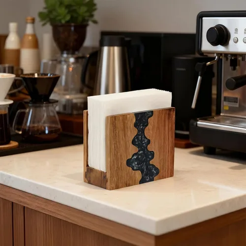 Miniatura 4 de Servilletero artístico, madera de acacia y resina epoxi azul con patrón de ondas oceánicas, base antideslizante gruesa para encimera de cocina