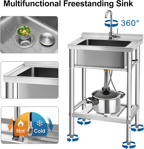 Miniatura 4 de YORKING Fregadero de acero inoxidable, fregadero de cocina de un solo tazón con tubo de agua fría y caliente para lavandería, granja