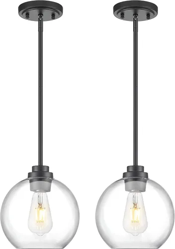 Miniatura 9 de Luces Colgantes de Latón para Isla de Cocina Paquete de 2, Luz Colgante Dorada Estilo Granja con Pantalla de Globo de Vidrio Transparente