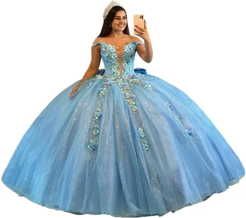 Mauuwy Vestidos de quinceañera de tul de lujo, vestido de baile hinchado brillante dulce 16 vestidos florales fuera del hombro vestido de graduación