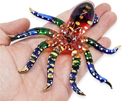 Miniatura 14 de WitnyStore Figura pequeña de pulpo arcoíris punteado dorado de 5½ pulgadas, pulpos de vidrio soplado a mano, calamares, sepia, moluscos marinos