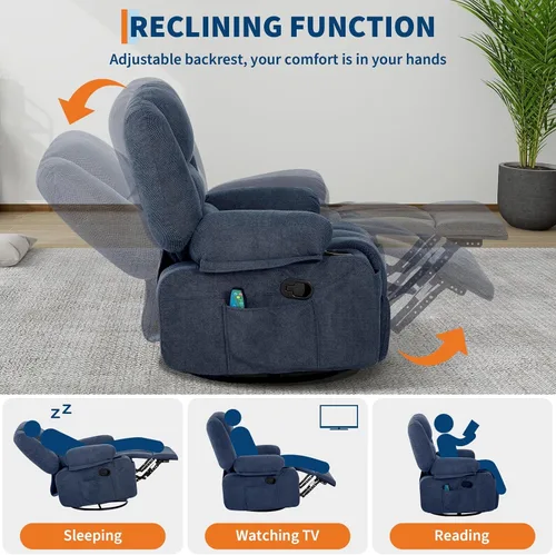 Miniatura 7 de Silla reclinable ancha de gran tamaño, masaje de calor y vibración, silla mecedora giratoria de 360° para adultos, silla reclinable manual de tela