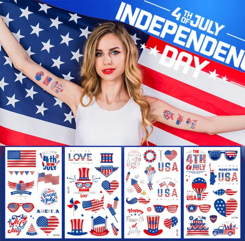 Miniatura 5 de Decoraciones del 4 de julio, tatuajes temporales, 8 hojas impermeables para el Día de la Independencia, tatuajes falsos adhesivos patrióticos
