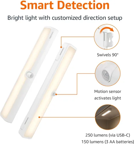 Miniatura 2 de Amazon Basics Barra de luz LED USB/funciona con pilas, sensor de movimiento giratorio, luces adhesivas, 250 lúmenes, 12 pulgadas, iluminación debajo