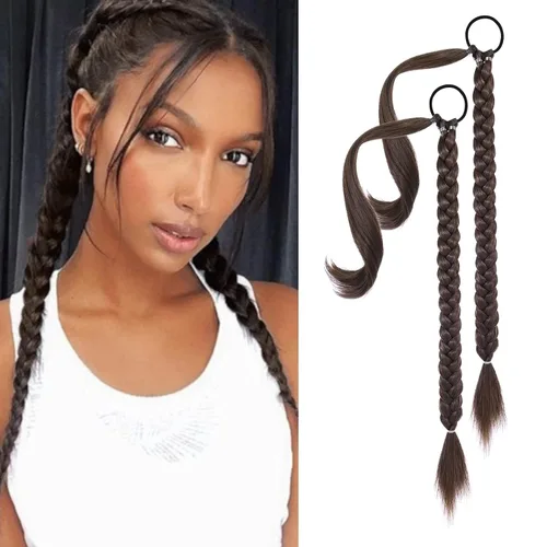 Miniatura 15 de YOGFIT 2 piezas Extensión de cola de caballo trenzada DIY, extensión de cola de caballo larga y lacia con envoltura natural, cabello sintético suave