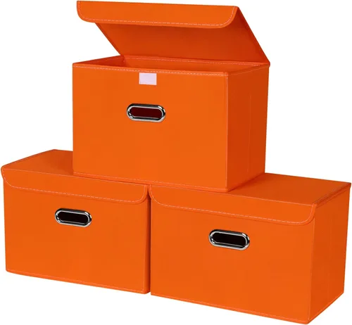 Miniatura 19 de STOREONE Contenedores de Almacenamiento de Tela en Forma de Cubo Plegables, Organizador Contenedor Cesta Plegable con Tapas y Asas de Metal