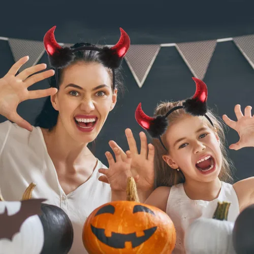 Miniatura 6 de LOMIMOS Halloween Red Devil Horns Headband, Demon Hairband with Plush Costume Accessories for Kids Women Men Party Fancy Dress Cosplay Festival