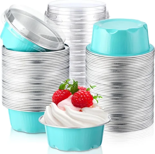 Miniatura 10 de Eaasty 150 tazas para hornear con tapas, forros para magdalenas de 1.6 onzas, papel de aluminio, mini moldes para tartas, pequeños recipientes Negro