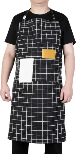 Miniatura 2 de Delantal de lona para mujer con 2 bolsillos, 39 x 38 pulgadas, delantales extra grandes XXL, A cuandros negros