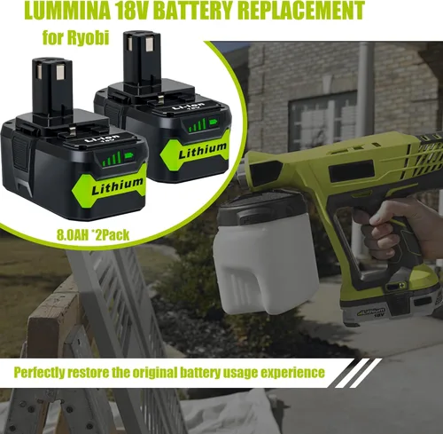 Miniatura 2 de Paquete de 2 baterías de repuesto de 8.0Ah para Ryobi 18 V batería de litio compatible con herramientas inalámbricas Ryobi 18 Volt ONE+ Plus P107