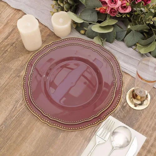 Miniatura 18 de Efavormart - Paquete de 10 platos llanos de plástico con borde festoneado negro/dorado de 9 pulgadas, platos desechables para fiestas de bodas
