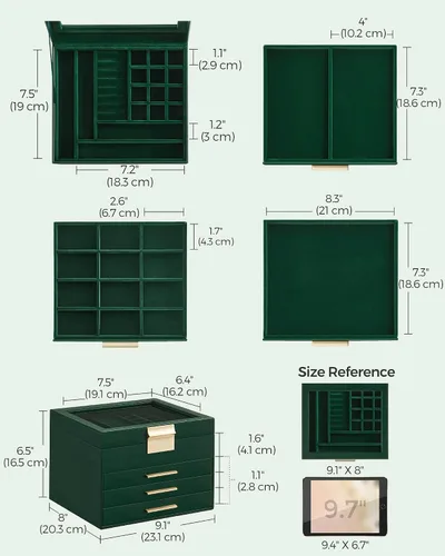 Miniatura 6 de SONGMICS Joyero organizador con tapa de cristal, almacenamiento de joyas de 4 capas, con 3 cajones, estilo moderno, regalo de Navidad, 8 x 9.1 x 6.5