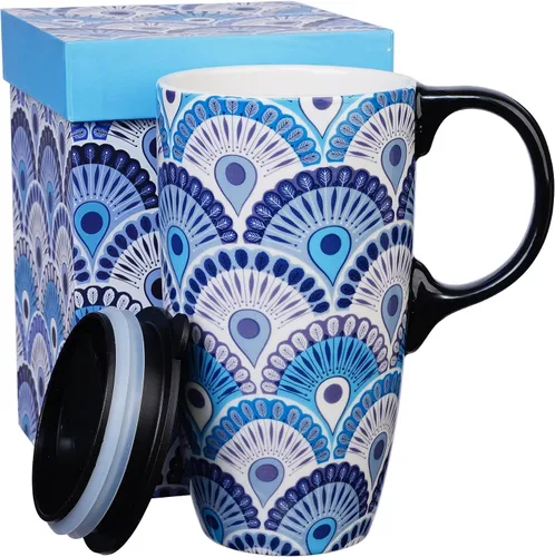 Miniatura 13 de Topadorn Taza de café de cerámica, taza de viaje de porcelana con tapa y asa, taza de café grande para hombres y mujeres, trabajo de oficina, Pájaro