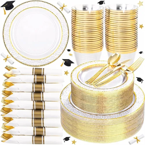 Miniatura 15 de Ciaell 350 platos de plástico color oro rosa, platos desechables de oro rosa transparente con cubiertos de plástico que incluyen 100 platos, 150