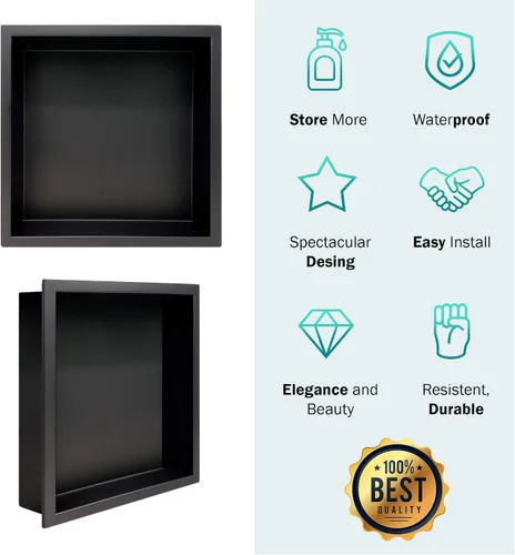 Miniatura 7 de Niche de ducha de acero inoxidable modelo de pared de 12 x 12 pulgadas, estante empotrado listo para azulejos, color negro mate, diseño moderno