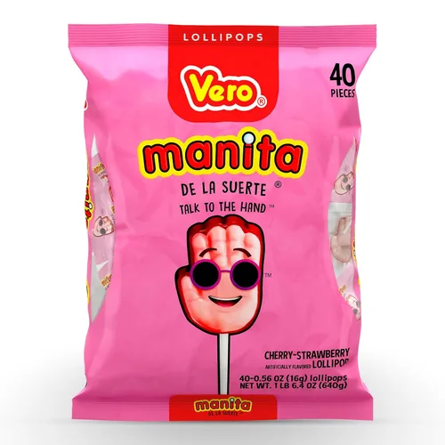 Vero Manita Paletas sabor fresa y cereza caramelos en palo (bolsa de 40 unidades) - Paletas envueltas individualmente - Dulces mexicanos - Paletas