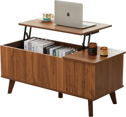 Miniatura 8 de Mesa auxiliar bohemia con tapa elevable con almacenamiento para sala de estar, dormitorio, mesa auxiliar rectangular baja acanalada con cajones