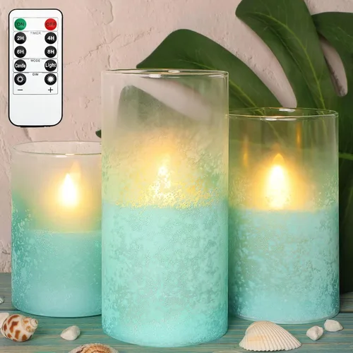 Miniatura 7 de Velas azules sin llama con control remoto de vidrio aguamarina hechas a mano, velas de chorro de arena que funcionan con pilas, velas LED