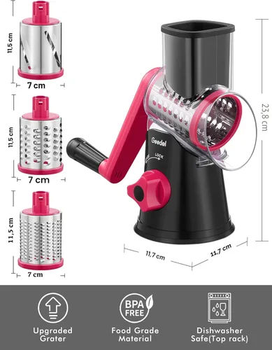 Miniatura 8 de Geedel Rallador rotativo de queso, cortador de verduras de mandolina de cocina con 3 cuchillas intercambiables, fácil de limpiar, rallador giratorio