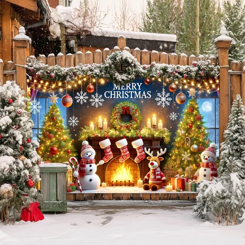 Miniatura 7 de BlissYard Pancarta de Fondo Navideño Escena de Chimenea con Muñeco de Nieve Reno Medias Guirnalda Árbol Regalos Decoración de Fiesta Navideña 71×43