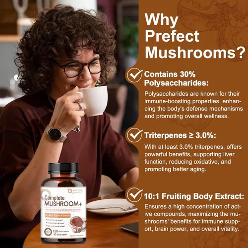 Miniatura 4 de NATURE TARGET Suplemento de hongos, complejo de hongos con melena de león, cola de pavo, reishi, cordyceps, shiitake, hongos 14 en 1 para memoria