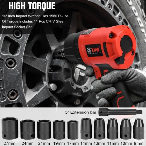 Miniatura 7 de Llave de impacto de aire de 1/2 pulgada, par máximo de 1560 ft-lbs, diseño ligero de 4.4 lb, pistola de impacto de aire incluye 11 piezas de juego