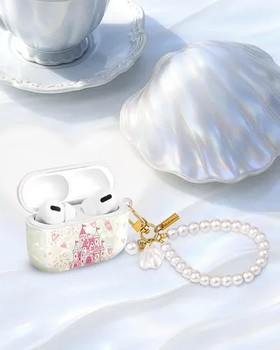 Miniatura 5 de Funda para AirPods Pro/Pro 2 con llavero de perlas, diseño de concha con purpurina para niñas, bonita y elegante funda Kawaii para Apple