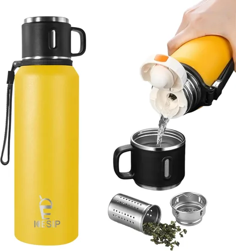 Miniatura 13 de Botella aislada de acero inoxidable, 20 onzas con taza, botella de agua aislada al vacío, termo para bebidas calientes/bebidas frías, viaje con Verde