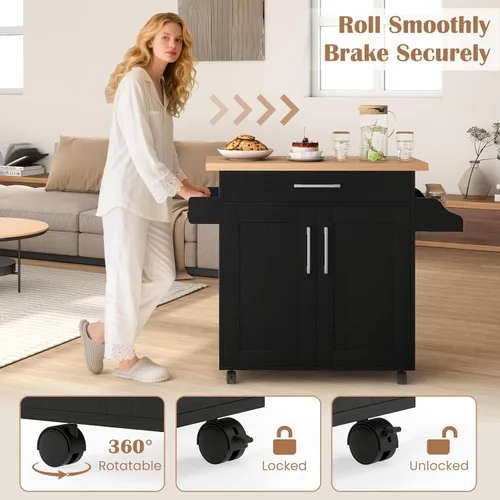 Miniatura 7 de Giantex Isla de cocina, carrito de cocina rodante con estante para especias y toallero, cajón grande y armario de almacenamiento de 2 puertas