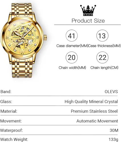 Miniatura 6 de OLEVS Men's Automatic Watch, Luxury Skeleton Large Face Roman Numerals Self Winding Watch, Gold Silver Stainless Steel Watches for Men