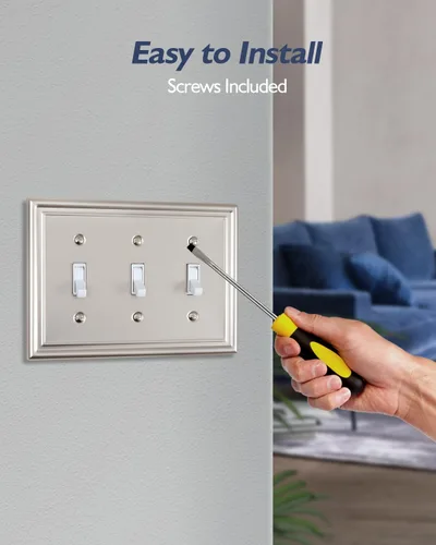 Miniatura 6 de Paquete de 2 placas de pared de triple palanca, cubierta de interruptor de luz de níquel satinado, cubiertas de interruptor de metal