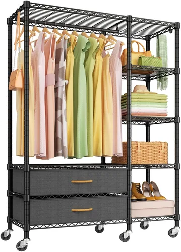 Miniatura 9 de Ulif F3 Perchero de Servicio Pesado (con cajones de tela), percheros independientes para colgar ropa, sistema organizador de armario ajustable