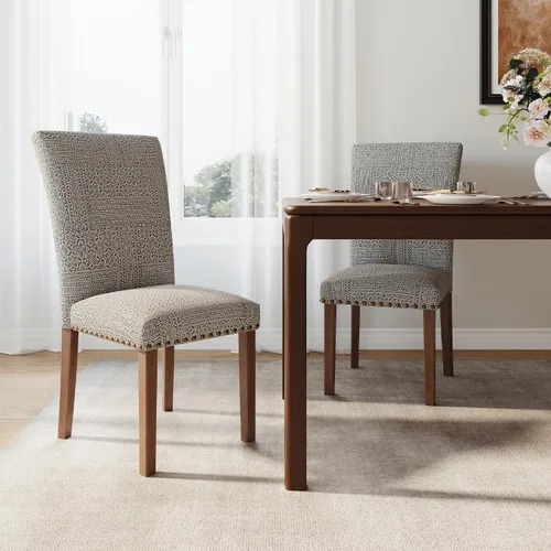 Miniatura 37 de Juego de 2 sillas de comedor de granja, respaldo alto con patas de madera y ribete de cabeza de clavo, silla de comedor de tela moderna