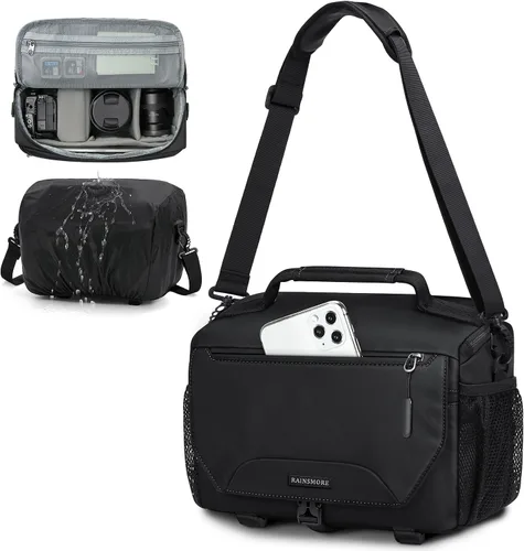 RAINSMORE Bolsa para cámara, pequeña, de bandolera, para cámara DSLR/SLR/sin espejo, bolsa de hombro impermeable con soporte para trípode y cubierta