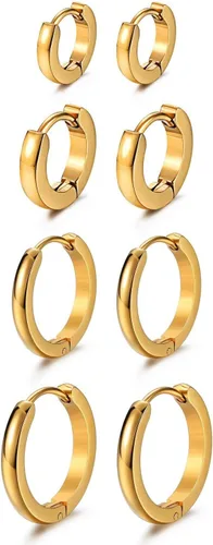 JewelrieShop - Juego de aretes de aro quirúrgicos dorados, hipoalergénicos, aretes de aro para hombre (oro, negro, aretes de aro de acero inoxidable)