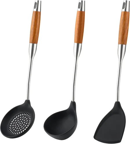 FJNATINH Espátula de wok de silicona, Cucharón, Escumadera - Herramientas de wok de acero inoxidable, Utensilio de wok - Utensilios de cocina