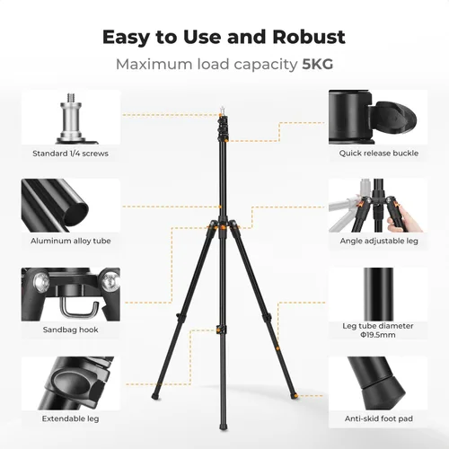 Miniatura 5 de K&F CONCEPT Soporte de luz, trípode de aluminio de 8.5 ft/8.5 pies con cabeza de bola y soporte para tableta de teléfono, soporte de fotografía