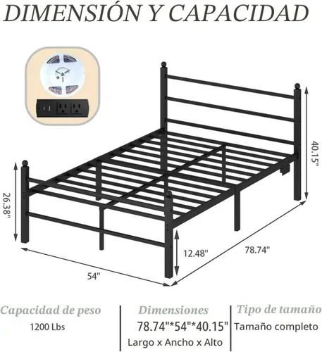 Miniatura 2 de Jenmit - Estructura de cama de tamaño completo con estación de carga y luces LED, estructura de cama de plataforma metálica con cabecera y pie