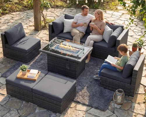 NICESOUL Juego de muebles de patio con respaldo alto de 29.3 pulgadas con mesa de fogata de gas/propano, juegos de sofás seccionales para exteriores