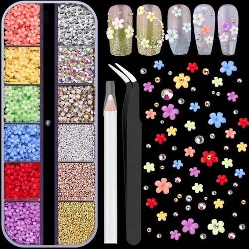 Miniatura 22 de Dijes para uñas 3D, kit de manicura con gel de pegamento de diamantes de imitación para uñas (curado UV), mariposa blanca rosa flor gemas AB 03-2
