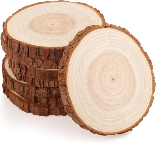 Miniatura 8 de Fuyit Rebanadas de madera sin terminar para centros de mesa, 10 discos redondos de madera natural de 4.7 a 5.1 pulgadas con corteza