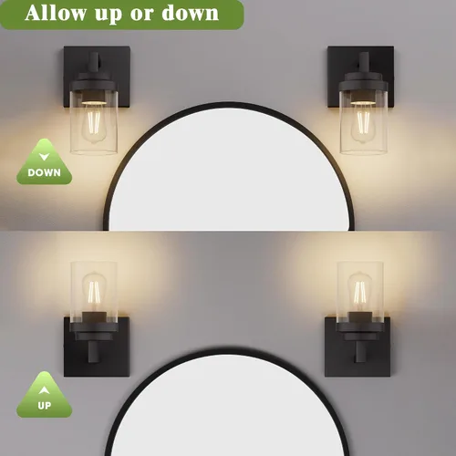 Miniatura 5 de Juego de 2 apliques de pared negros mate, con pantalla de cristal transparente, lámpara de montaje en pared para dormitorio, espejo y sala de estar