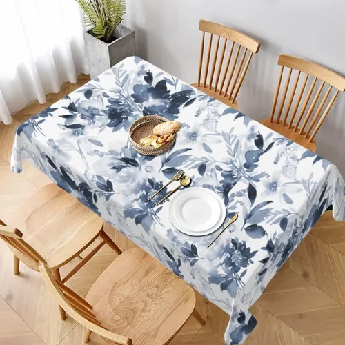 Miniatura 36 de Mantel redondo de flores azul marino de 60 pulgadas, mantel de flores color azul oscuro y blanco, mantel de poliéster para fiestas de vacaciones